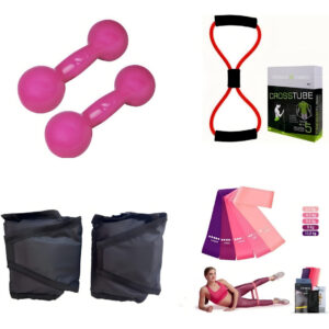 Halter 1 Kg Rosa + Caneleira 1 Kg + Elástico + Kit Theraband