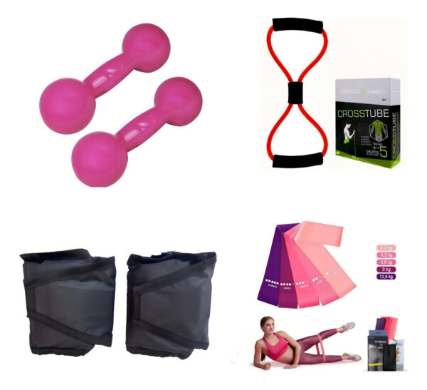 Halter 1 Kg Rosa + Caneleira 1 Kg + Elástico + Kit Theraband