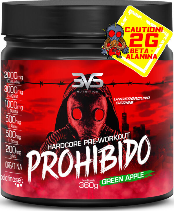 Pré Treino Prohibido 360g Sabor: Green Apple - Fórmula Exclusiva Com Creatina, Beta Alanina, Taurina, Cafeína, Arginina, L-tirosina, Palatinose E L-alanina